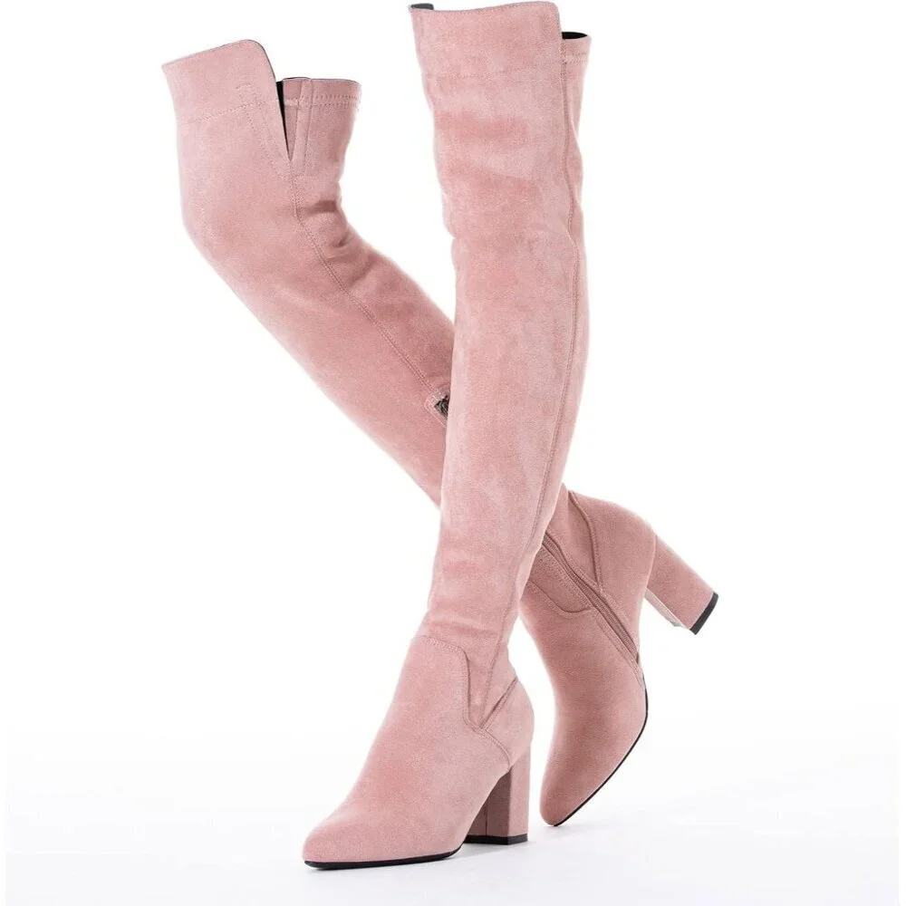 Women Pink/3 Inch Heel Faux Suede Over The Knee Thigh High Low Block Heel Boot